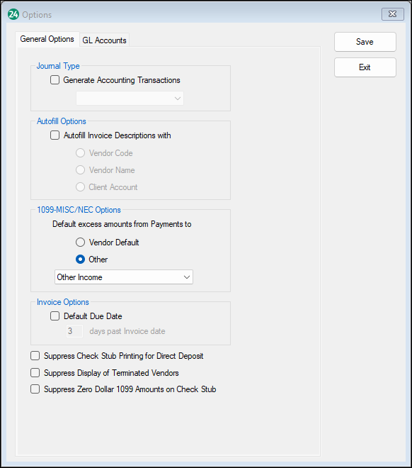 Payables Options screen